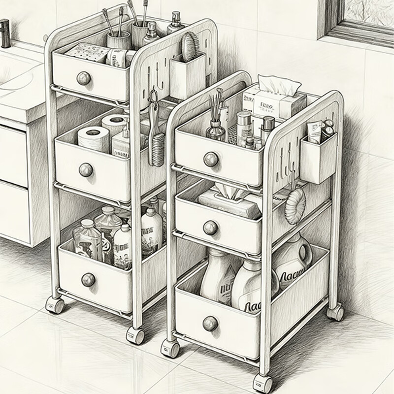 尔思家小推车置物架多层收纳架卧室卫生间落地夹缝储物架可移动零食架 三层奶白色（2高1矮）送2挂钩+1笔筒