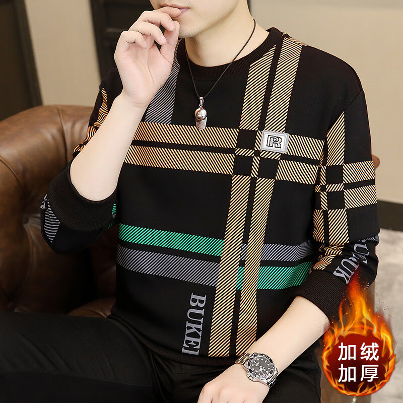 【2025新款】卫衣男秋冬季潮流修身加绒加厚保暖圆领长袖卫衣yzj 黑色 （加绒加厚） XL （建议135-150斤）