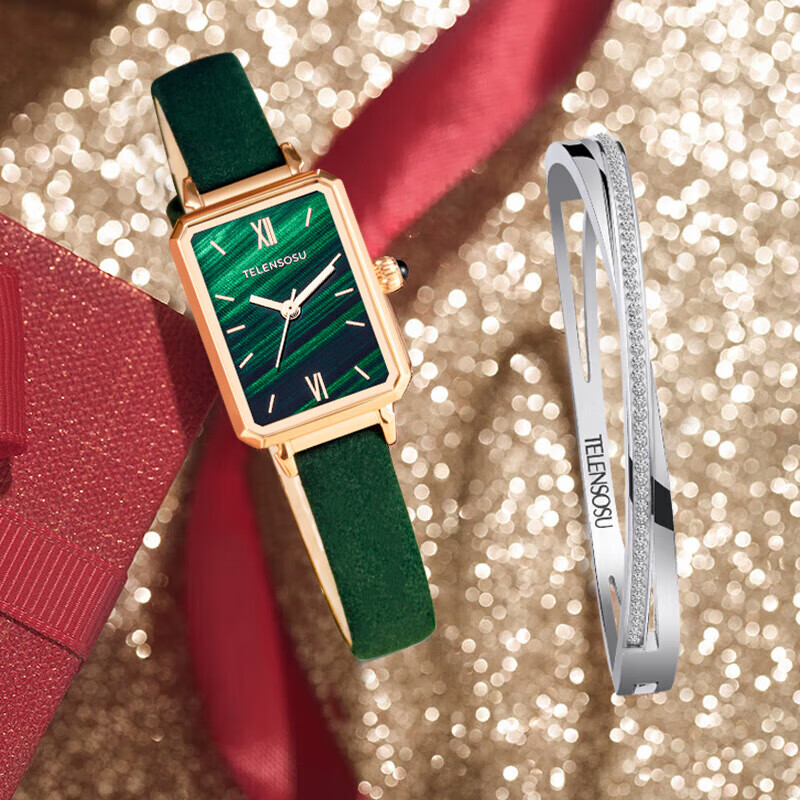 TELENSOSU 力梭品牌女士手表轻奢小众星空手表女款高级感女表情人节生日礼物 【免费刻字】绿绒皮-小绿表 礼物高档