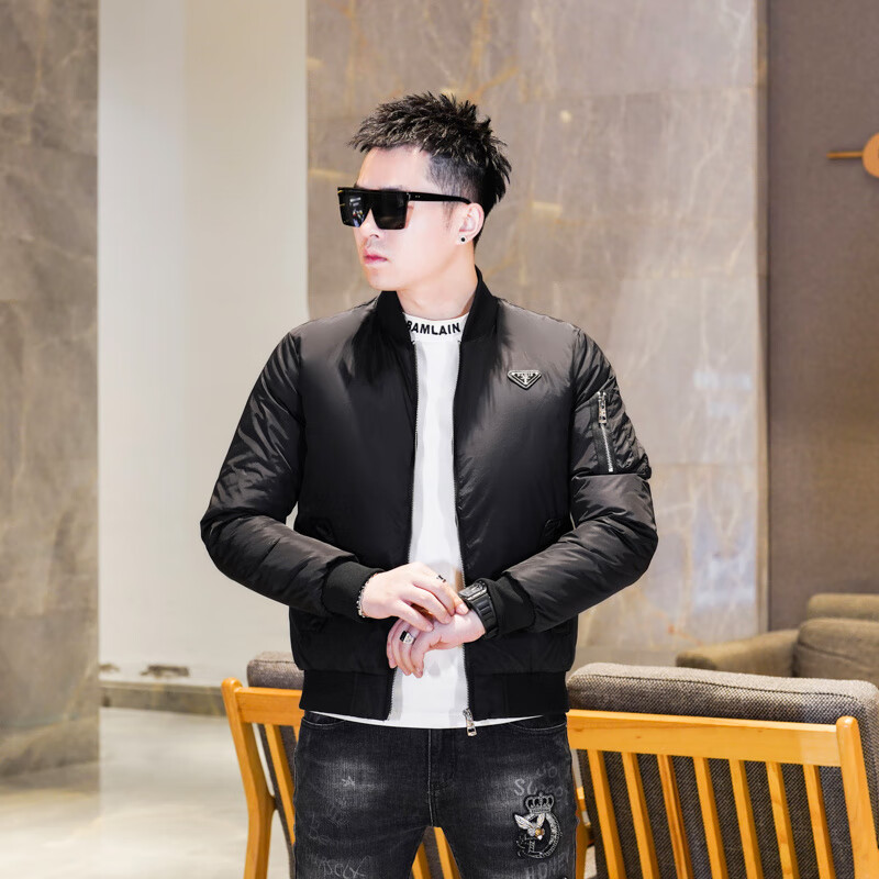 GIOCP香港潮牌时尚保暖防寒服白鸭绒夹克外套男士冬季新款棒球领羽绒服 黑色 M