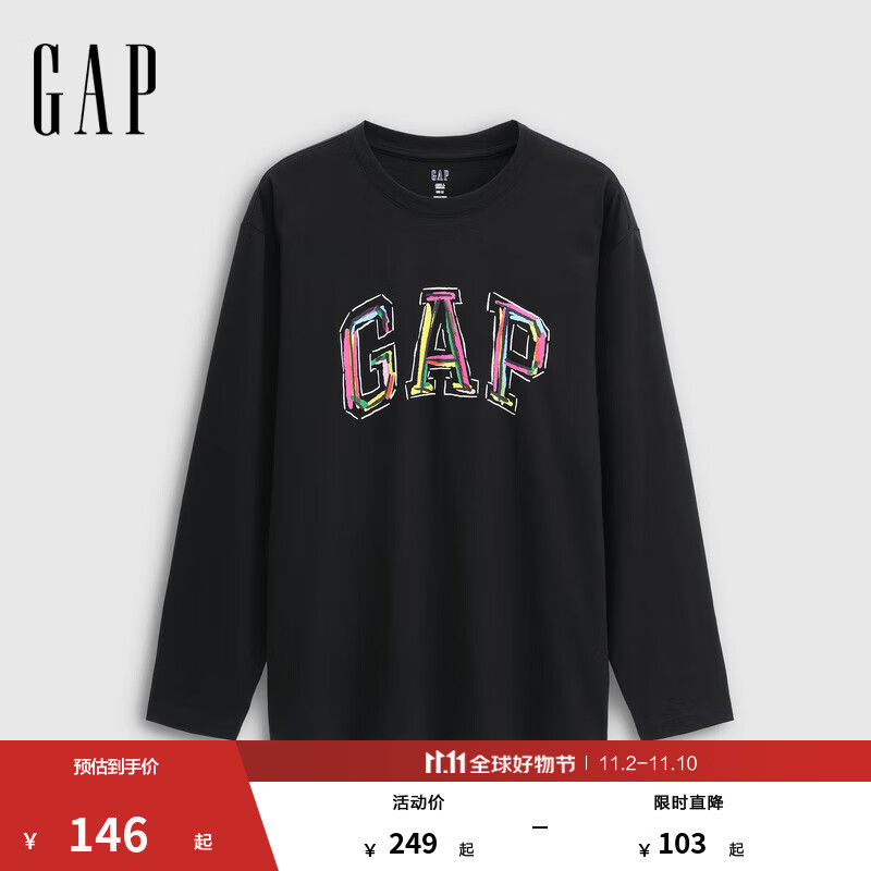 GAP男女装2025秋季新款logo涂鸦印花纯棉宽松长袖T恤上衣787426 黑色 L (175/96A) 亚洲尺码