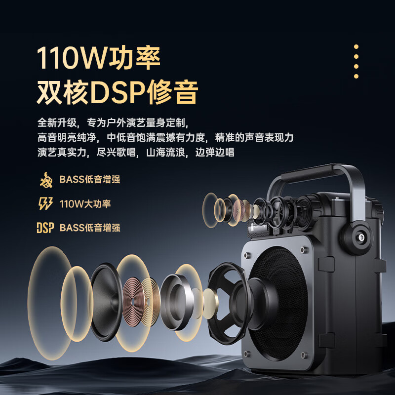 不见不散流浪者D6户外K歌音响客厅环绕声重低音炮手提便携式麦克风一体家庭KTV广场舞蓝牙音箱高音质大音量 【D6黑色-双麦版】无线直播与内录+U盘