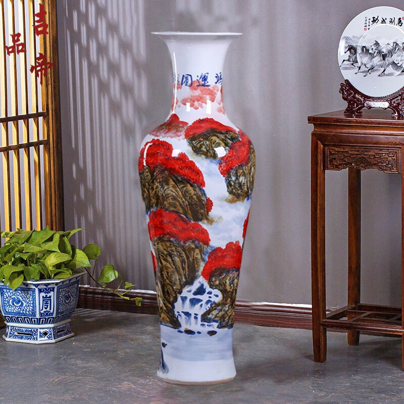 吉品帝景德镇陶瓷手绘青花落地大花瓶中式家居客厅装饰酒店公司开业摆件 鸿运当头 送底座 220cm