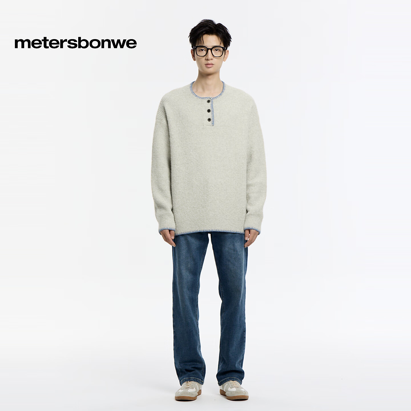 美特斯邦威男毛衣2025冬季新款通勤撞色半开纽扣宽松圆领毛衫上衣 影黑 L 175/96A