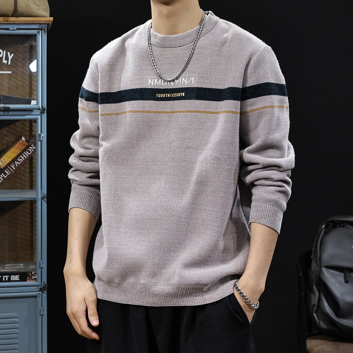 新百伦加绒毛衣男士圆领秋冬款加厚保暖长袖休闲毛线衣内搭上衣男 米灰 加绒 XL 码【建议130-145斤】