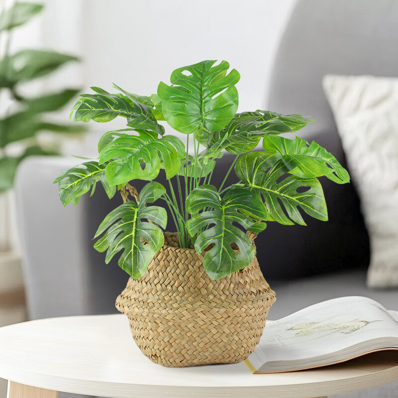 匠心绽放仿真龟背绿植盆栽假绿植北欧风室内装饰摆件2束配手提编织篮20415