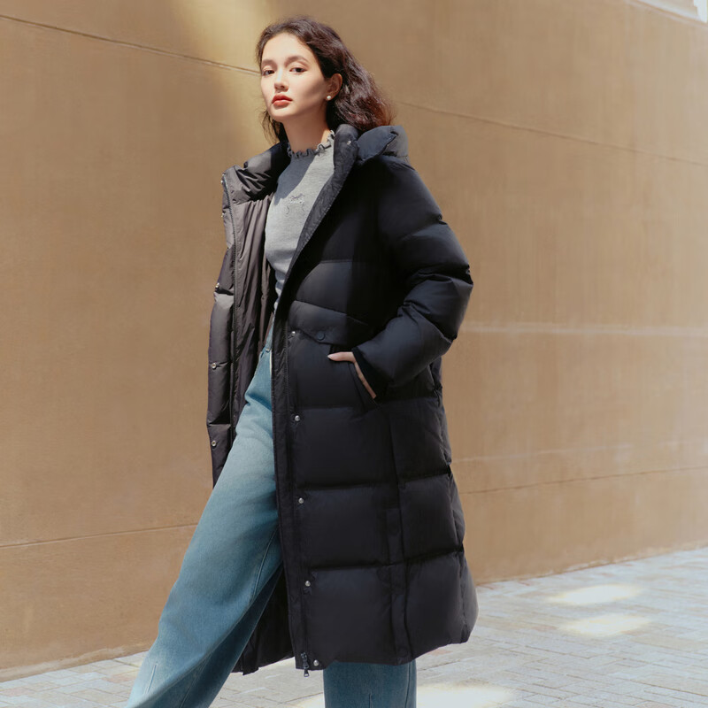 乐町长款面包羽绒服女保暖柔软加厚羽绒御寒外套潮流休闲风 黑色(现货) M