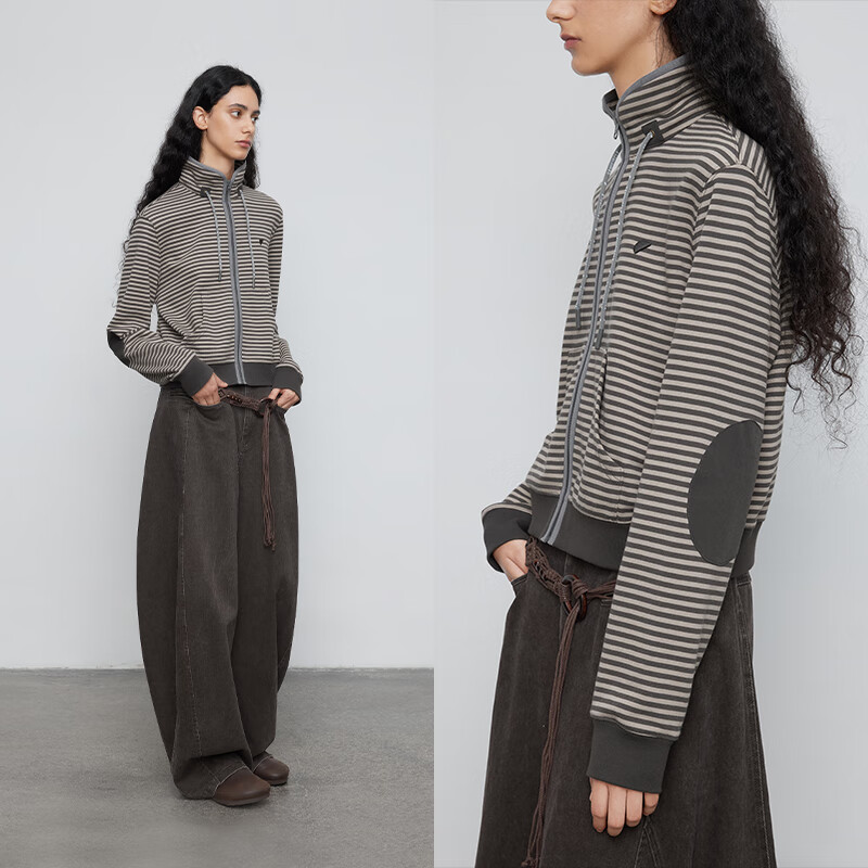 半圆【特价】原创设计师女装2025冬季加绒加厚条纹长袖卫衣外套女 灰咖条纹加绒款 M