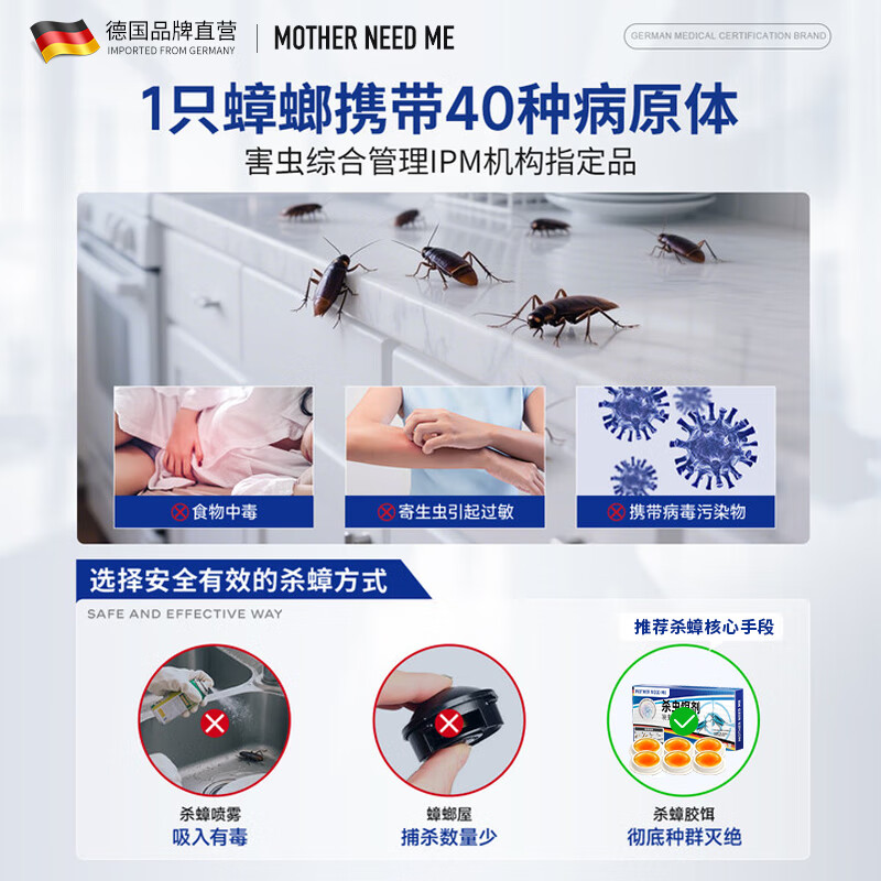 MOTHER NEED ME德国蟑螂药特效强力全窝端虫卵双杀灭除蟑螂神器呋虫胺蟑螂诱饵盒 10枚装【大小蟑螂都爱吃】