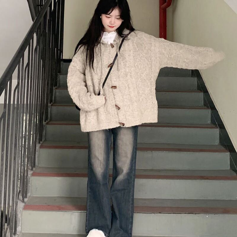 翊尚美针织衫女秋冬新款2025年小个子软糯慵懒连帽毛衣宽松开衫百搭外套 燕麦色 【不缩水不易起球】 均码 【推荐80-140斤】