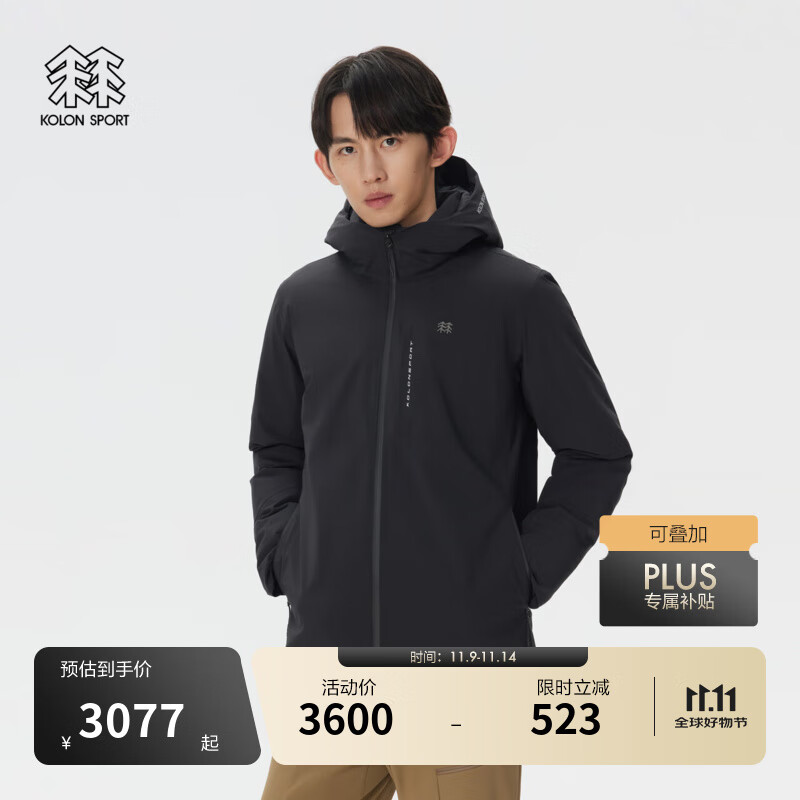 KOLON SPORT/可隆户外防水羽绒服 男士透湿防风耐磨连帽轻量鹅绒夹克 LHDJ5WNT41-BK 黑色 XL 180/100A
