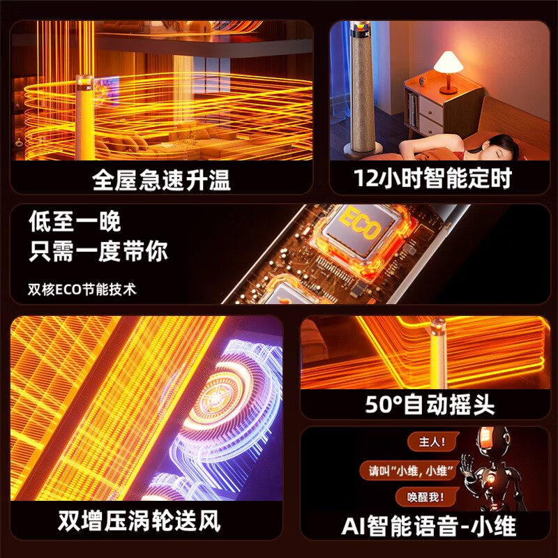 尚度【超级节能省电王·大面积50平方全屋速热】电热取暖器暖风机石墨烯电暖气浴室家用卧室静音小太阳 基础版丨ECO变频省电丨遥控器按键控制丨氛围灯 2025年新款丨升温快丨倾倒断电丨过热保护丨超安全