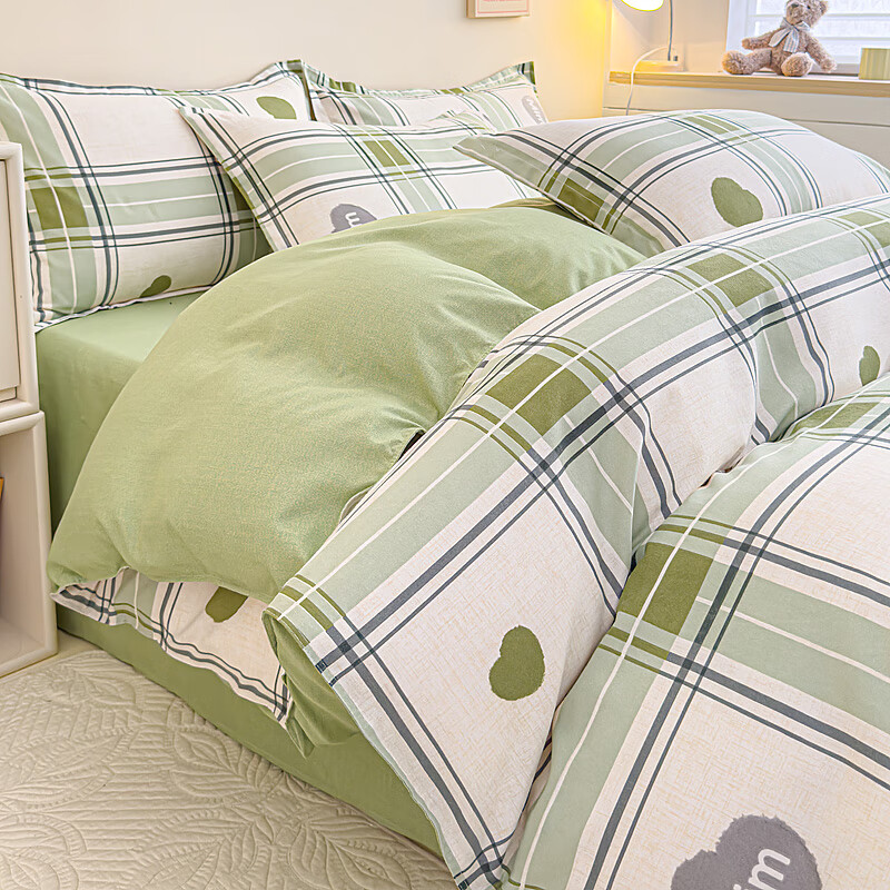 多兰诗（Duolanshi）春秋加厚磨毛四件套 ins四件套花卉田园风格床单被套四件套 绿色心情M 1.2米 床单款 被套150*200 三件套