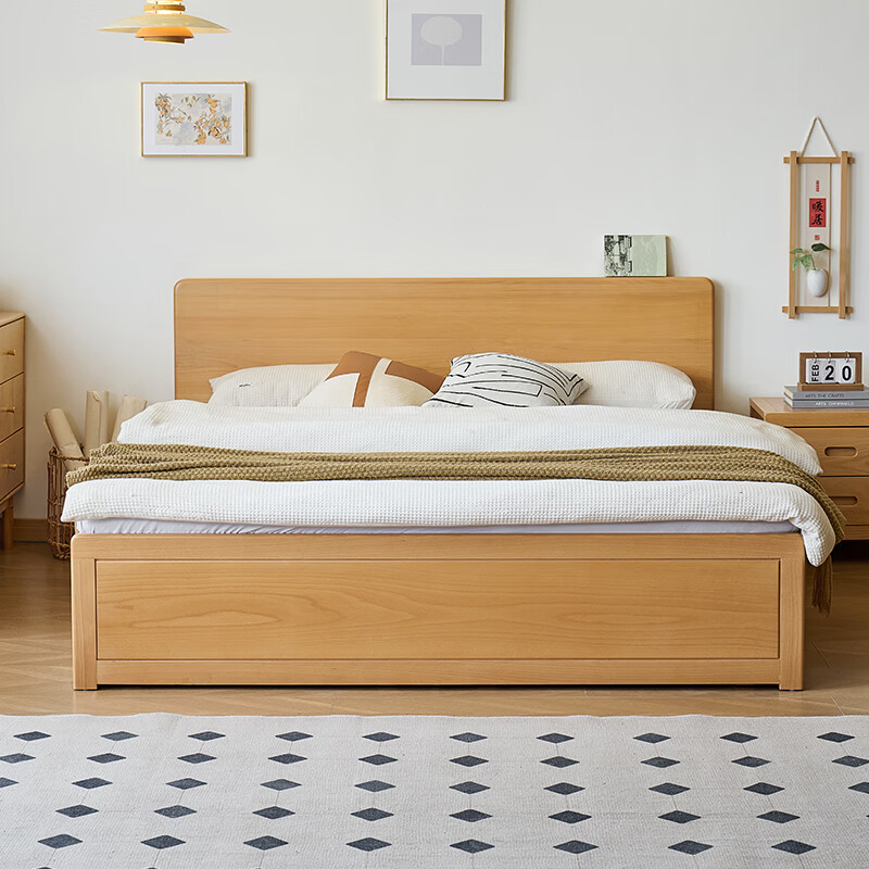 原始森林全实木北欧风小户型可储物榉木床气压结构双人床原木风卧室实木床 单床 1200*2000MM气压结构