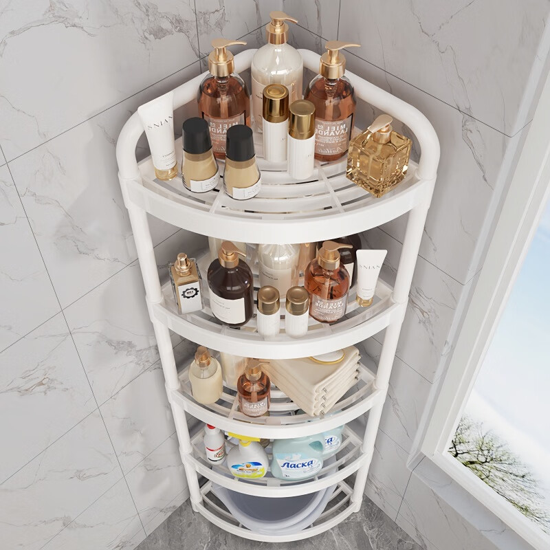 馨婺家卫生间置物架落地浴室厕所洗澡间生活用品收纳架转角三角架储物架 白色-四层【加粗支撑杆】送挂钩