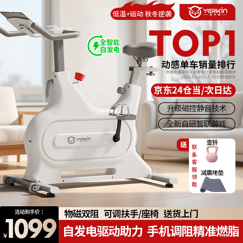 英尔健家用动感单车智能磁控静音运动减肥健身器材室内脚踏车健身单车 [尊享款max]自发电+手机智能调阻