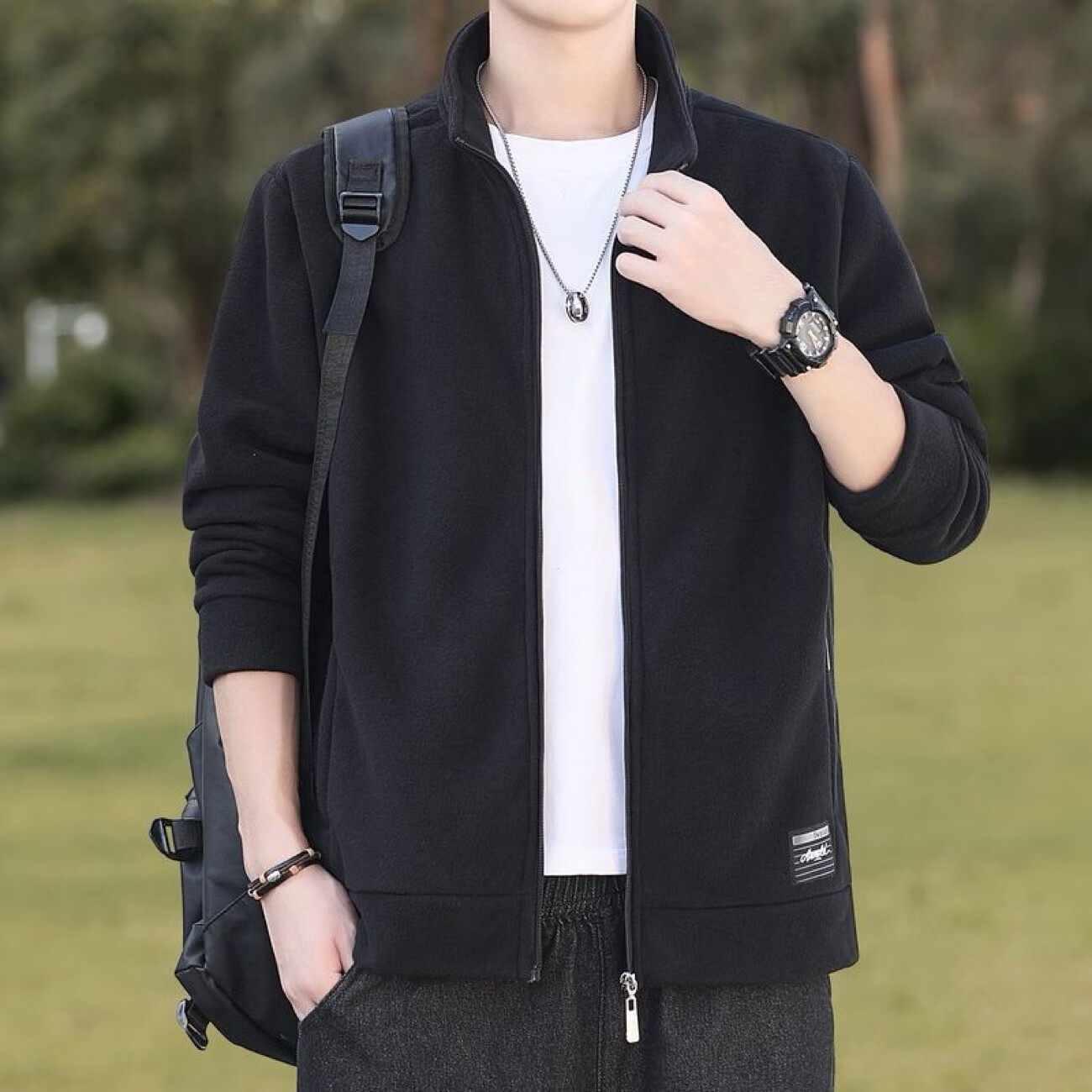 罗鸣老人 男士加绒摇粒绒外套秋冬季休闲百搭立领夹克加厚开衫卫衣男款 黑色常规款 L （建议120-140斤）