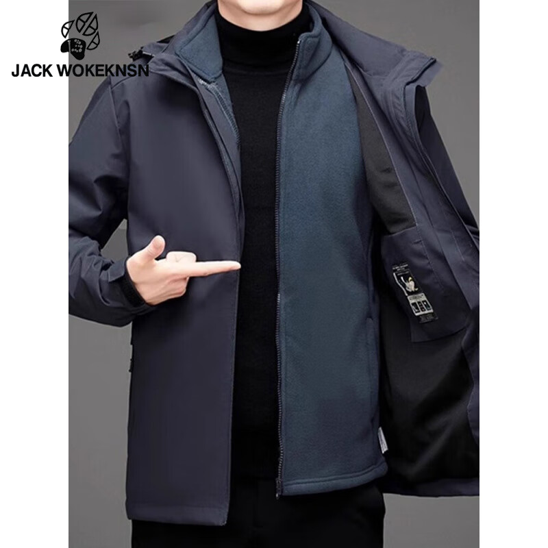 JACK WOKEKNSN狼爪云冲锋衣男三合一内胆可拆卸秋冬加厚户外防风防水登山服外套 黑色 XL/【推荐125-140斤】
