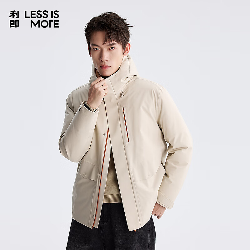 利郎轻时尚男装【撞色门襟】羽绒服男连帽双门襟防风保暖通勤外套 米白（2H） 2XL (180)