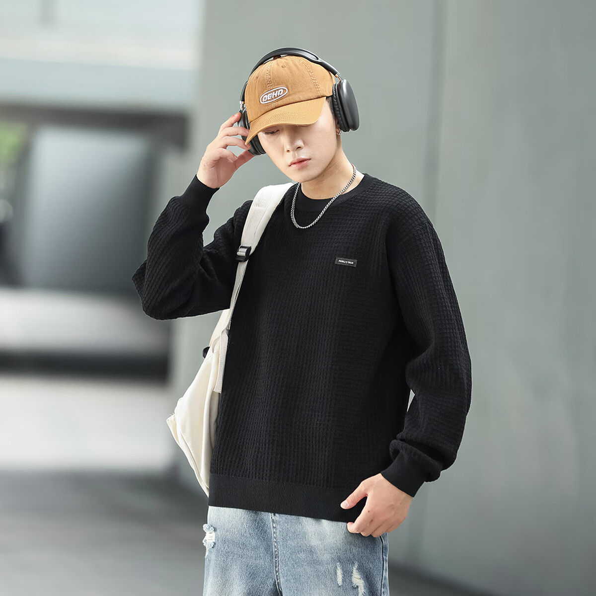 布衣传说【格纹针织】罗纹圆领针织衫柔软亲肤宽松休闲男式打底衫外套 黑色 M