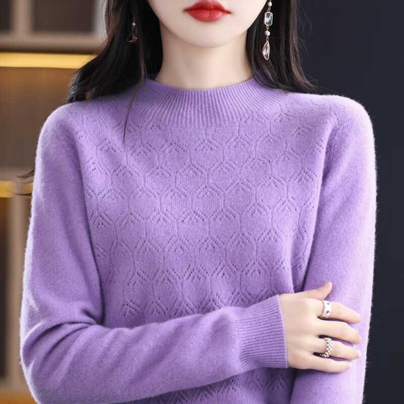 香影芬一线成衣100纯羊毛衫女士半高领镂空长袖上衣宽松百搭羊毛打底衫 白色 M (建议95-105斤)