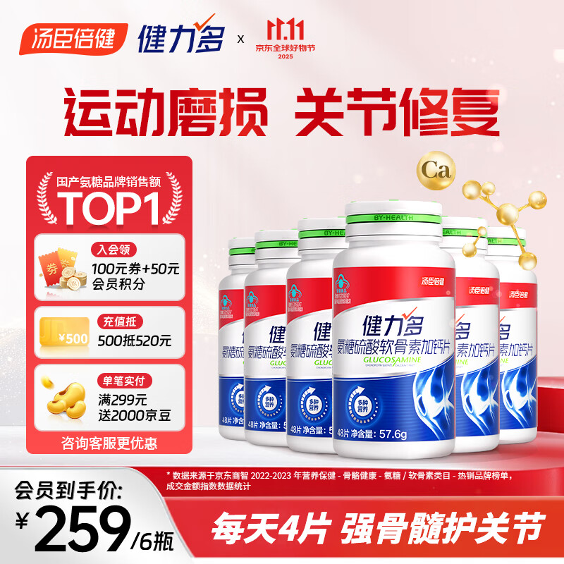 健力多汤臣倍健氨糖软骨素钙片 运动关节养护 升级红氨糖 48片/盒 【运动关节养护】红氨糖48片*6瓶