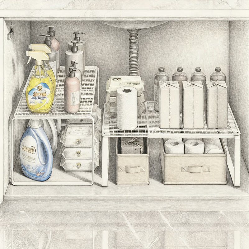 尔思家厨房多层收纳架落地下水槽置物架多功能橱柜内置储物柜伸缩架子 【可伸缩】长38-62 宽35 高31 白色单层