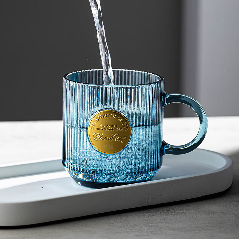 乐唯诗（LOVWISH）竖纹玻璃杯带把手喝水杯子ins高颜值咖啡杯家用泡茶杯加厚牛奶杯 墨蓝竖纹巴克杯【双色混装】330ml/2只