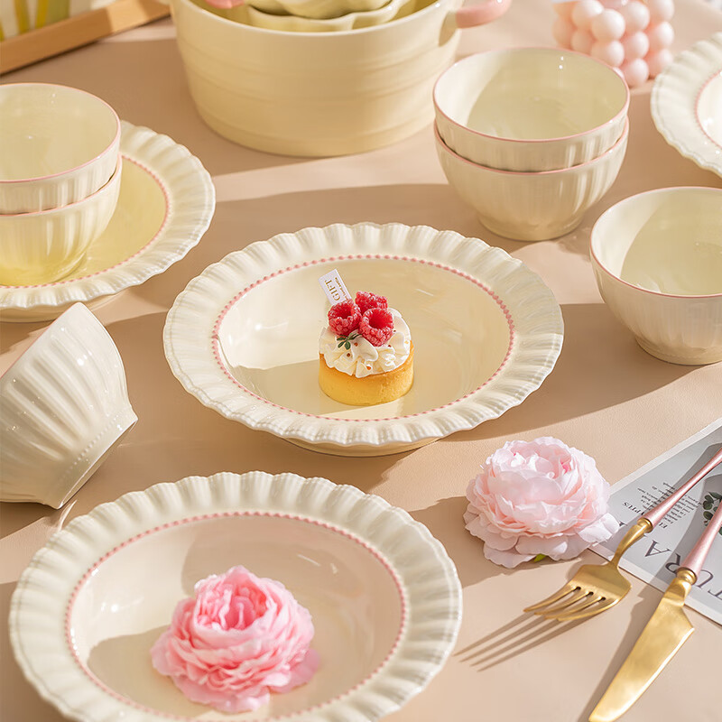 器树碗碟套装2025新款餐具家用奶油风轻奢筷高级感乔迁陶瓷碗盘碗具 2人食9件【简装】 破损包补发