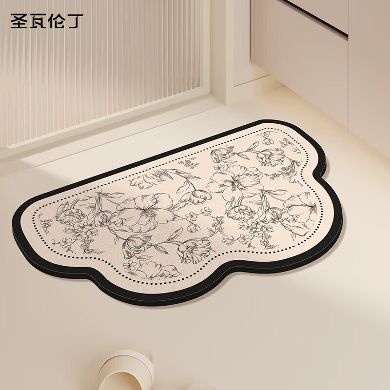 圣瓦伦丁浴室地垫轻奢高级感家用吸水防滑垫洗手间厕所易打理卫生间脚垫子 浮绘花影云朵 40cm*60cm 【吸水防滑】