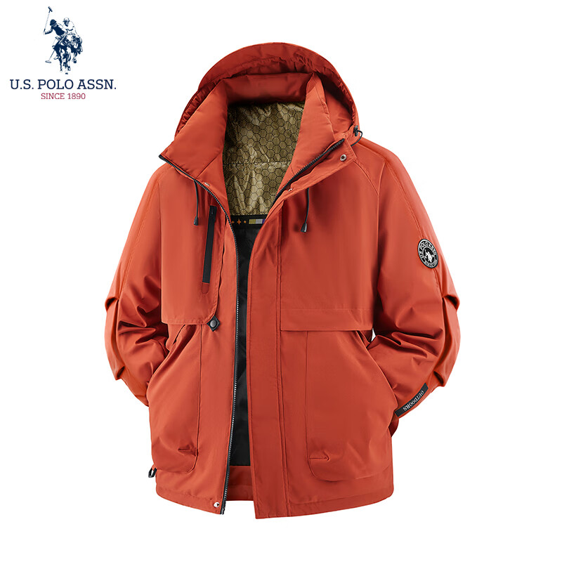 U.S. POLO ASSN.棉衣男士秋冬季户外防风蓄热保暖连帽外套休闲舒适百搭男装棉衣 朱雀红 M