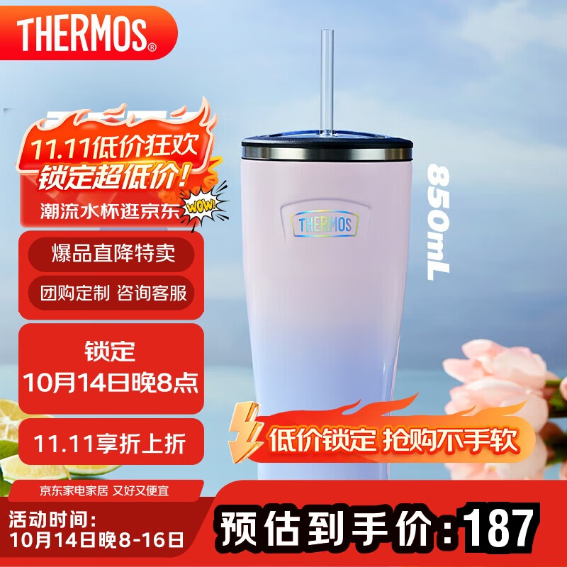 膳魔师（THERMOS）保温杯850ml大容量不锈钢男女士儿童吸管水杯子TEMF-850-PP-G