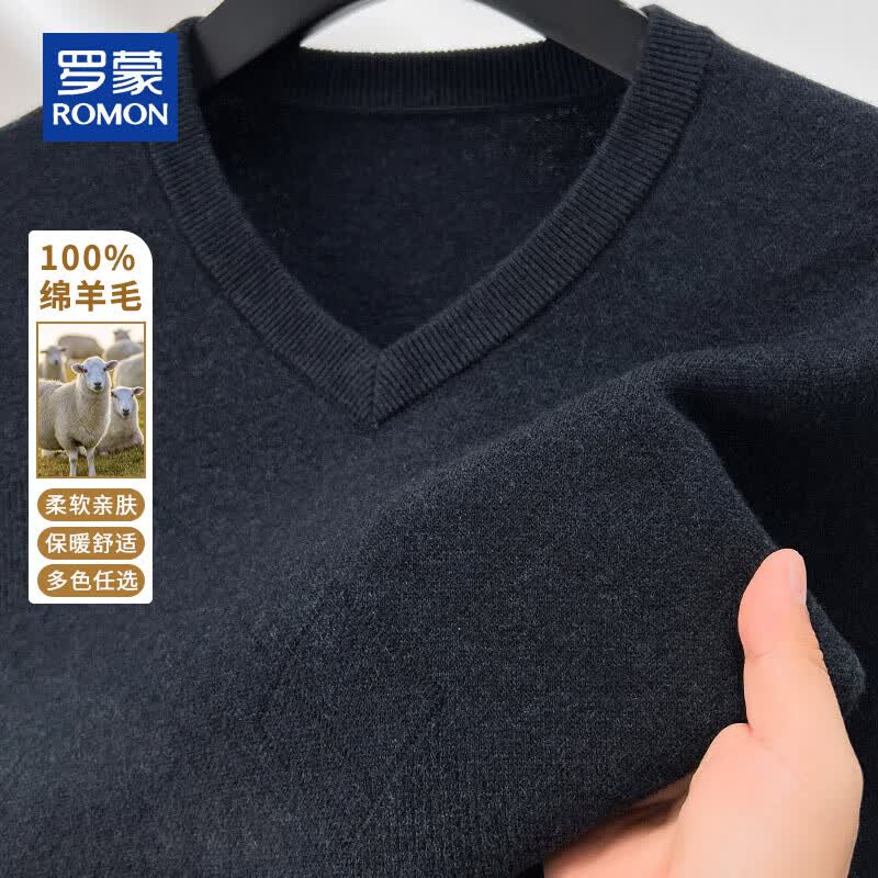 罗蒙（ROMON）100%纯羊毛衫男士V领鸡心领秋冬纯色毛衣商务休闲保暖打底针织衫