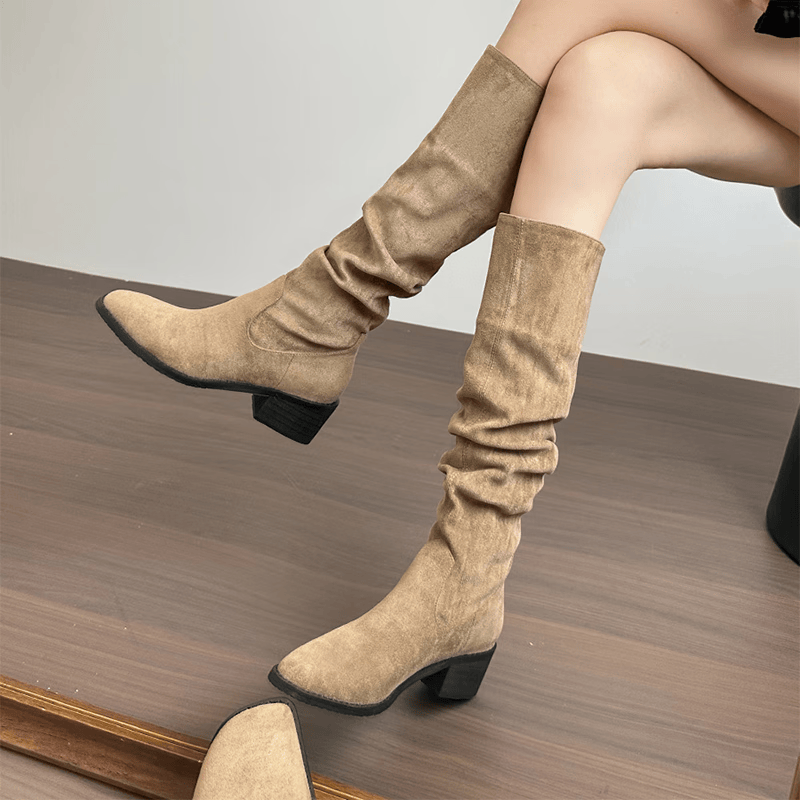 瑜尚臻品复古长筒靴女骑士靴高筒粗跟2026年春秋新款西部靴显瘦褶皱堆 卡其色 3CM 38