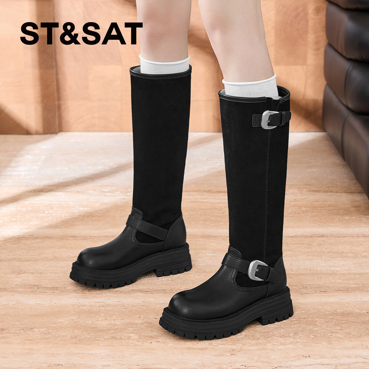 星期六（St&Sat）百搭增高显瘦复古长筒靴2025秋冬新款厚底靴子女 黑色【长筒款】 36