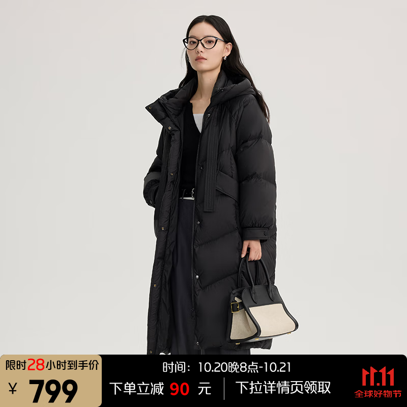 艾莱依（ERAL）羽绒服女士温暖连帽长款羽绒服女设计感旷野美拉德风 炭黑-升级款 M 160【建议120-140斤】