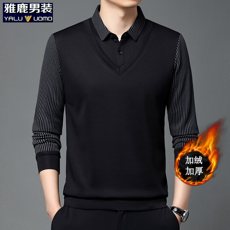 雅鹿男装加绒加厚假两件毛衣男士休闲翻领时尚潮流男装上衣t恤衫 黑色加绒 2XL (180)(建议155-170斤)