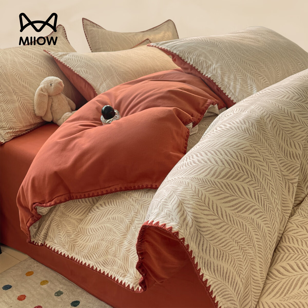 猫人纯棉全棉磨毛床上四件套轻奢高级感2025新款床单被套简约床品 原野-桔【全棉面料加厚磨毛】 床笠款 1.8m床【四件套】适200x230cm被芯