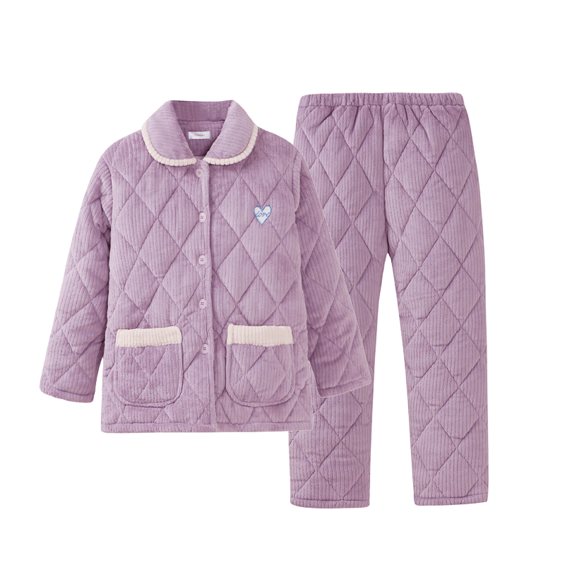 香蜜闺秀【三层夹棉加厚】暖冬可外穿长袖开衫女士家居服棉服保暖睡衣套装 24403001紫色 XL