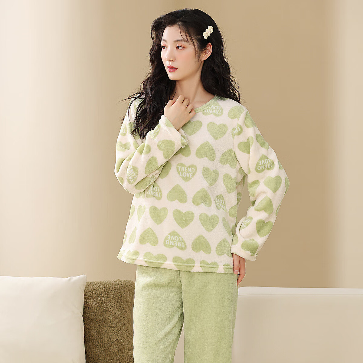 香蜜闺秀GOSO睡衣女肤暖绒秋冬可外穿柔软舒适家居服套装女【商城同款】 果绿 L