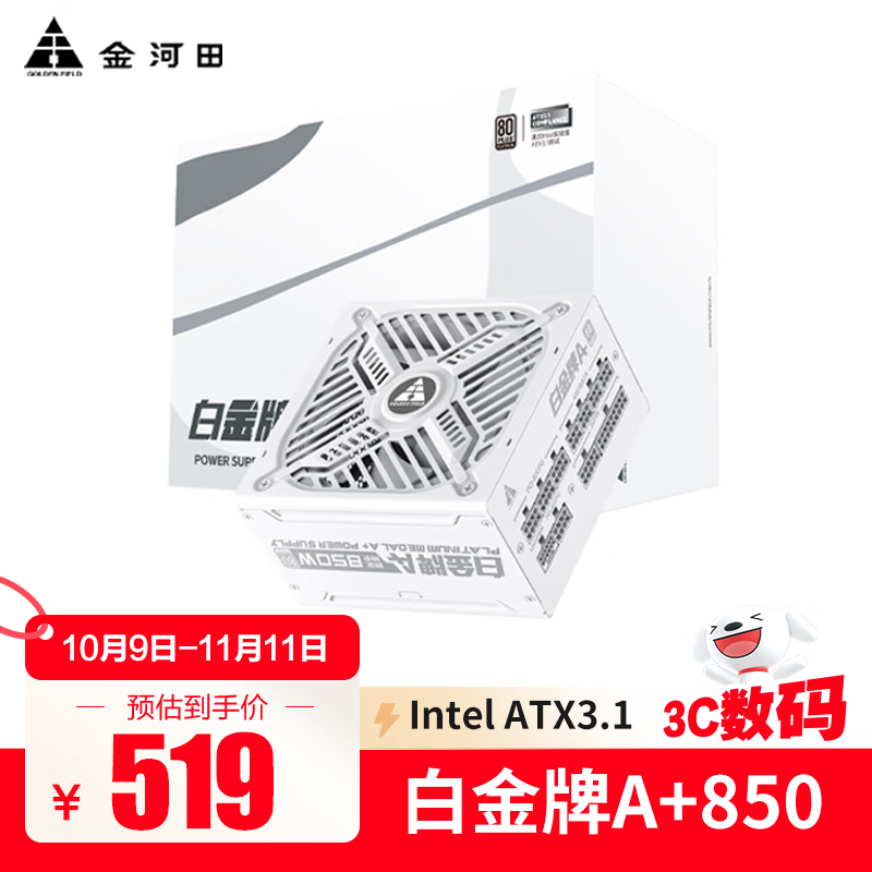 金河田(Golden field)白金牌A+850W电脑电源台式机全模组额定850W静音电源全日系电容/白金认证/压纹线 白金牌A+850W 白【ATX3.1/压纹全模组】