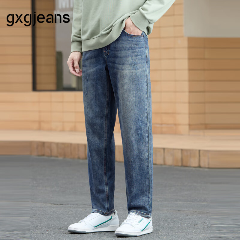 gxg.jeans男装牛仔裤秋季磨破做旧设计复古休闲水洗直筒长裤子 牛仔蓝-加绒 M (170) -30码