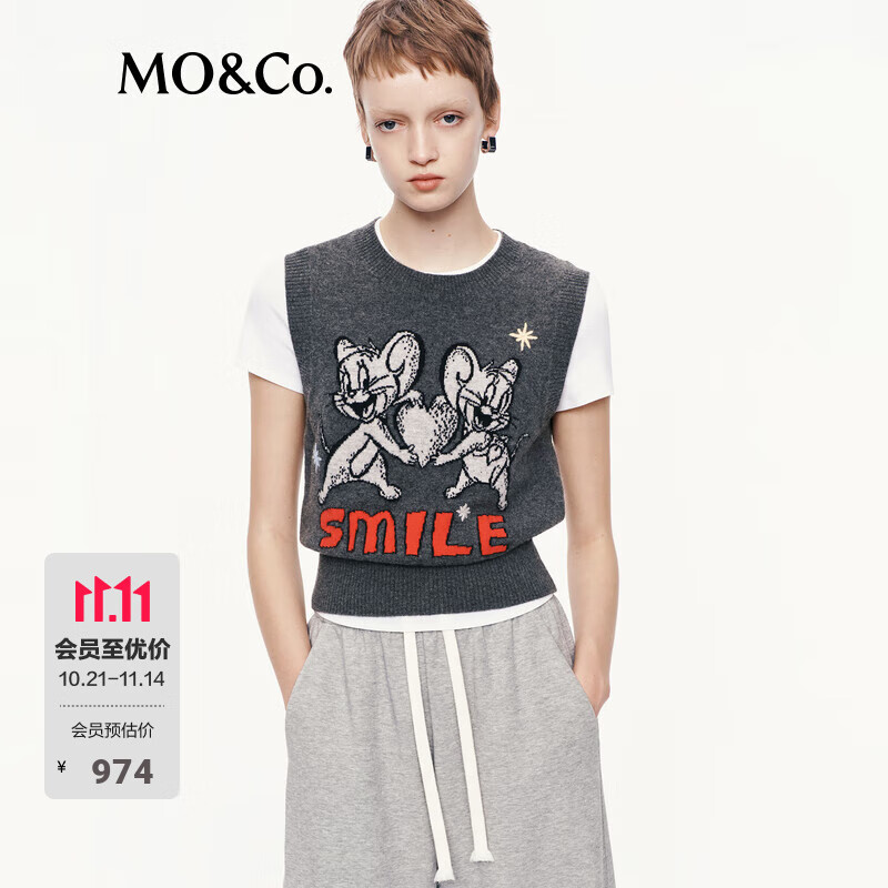 MO&amp;Co.毛衣背心2025秋新品猫和老鼠联名系列刺绣绵羊毛MBE3SWT049 深花灰色 M /165
