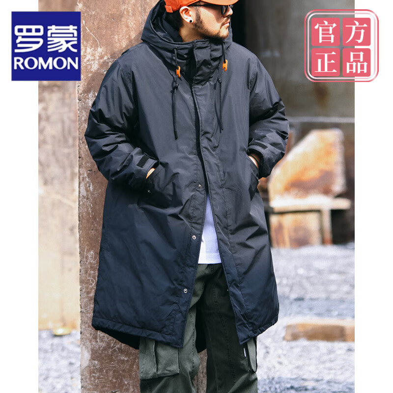 罗蒙（ROMON）2025冬季新款日系复古燕尾羽绒服男中长款加厚保暖白鸭绒连帽外套 黑色 M