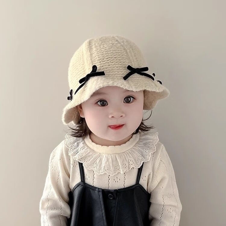 G.duck小黄鸭女童韩国甜美蝴蝶结帽子秋冬季保暖防风针织渔夫帽毛线盆帽 米色-黑色蝴蝶结款毛线渔夫帽 建议年龄18个月-3岁【48-50cm】