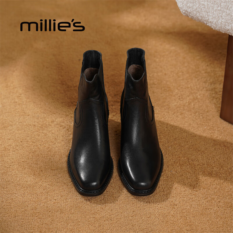 妙丽短靴女粗跟时尚轻便潮流烟筒靴2025冬季新款百搭通勤时装靴 黑色 39 (245mm) 标准码