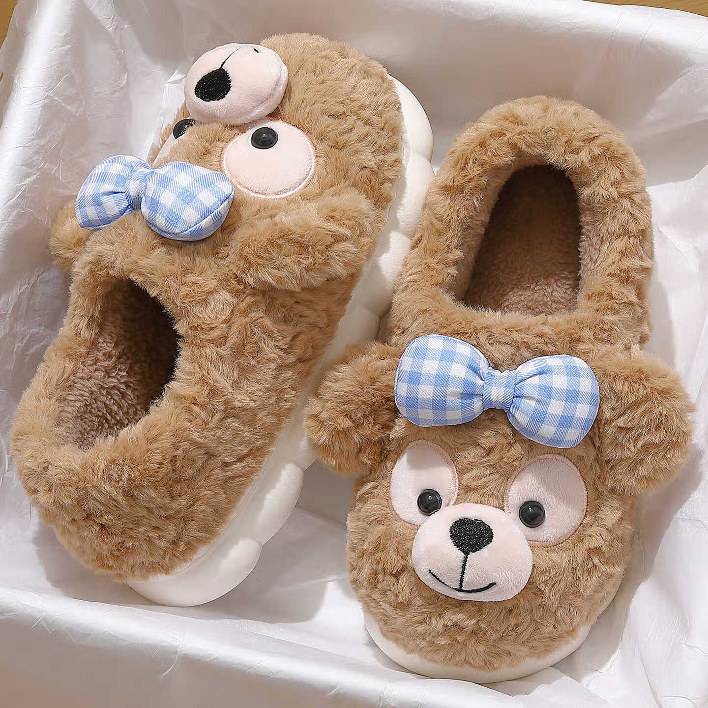 FZT可爱小熊棉拖鞋女款2025秋冬新款加绒保暖耐磨防滑居家外穿包根鞋 卡其 38-39 标准码【内长240mm】