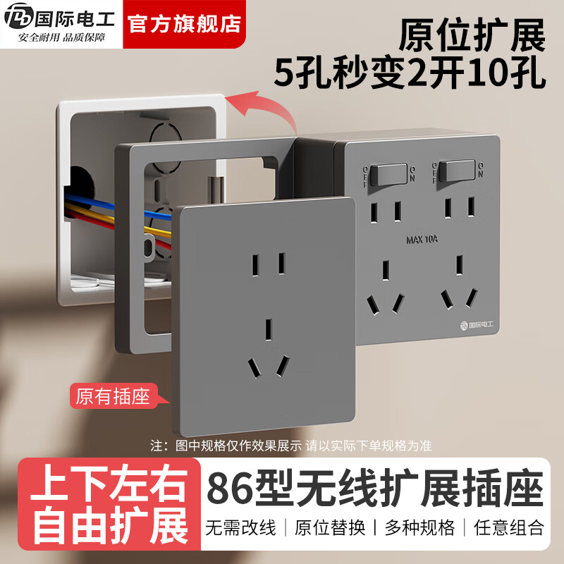 国际电工（FDD）86型拓展插座明装底盒多功能扩展面板二开十孔原位替换免打孔插座 【可左右扩展】灰色框架+扩展底盒