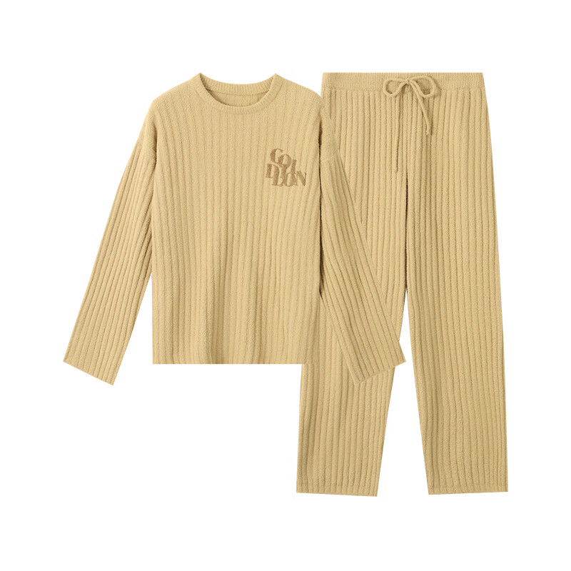 金利来男士睡衣男女秋冬加绒加厚家居服情侣长袖长裤宽松休闲可外穿套装 女-燕麦色 XL