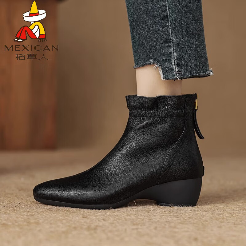 稻草人（MEXICAN）品牌新品小羊皮短靴女2025秋冬新款平底坡跟超软裸靴尖头马丁靴 黑色-单里 37